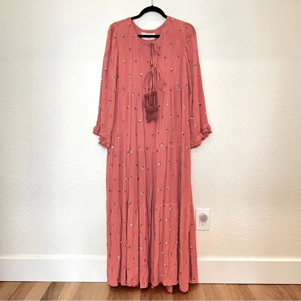 Sundress Neo Long Embellished Tiered Long Sleeve Maxi Dress in Coral size XS/S
